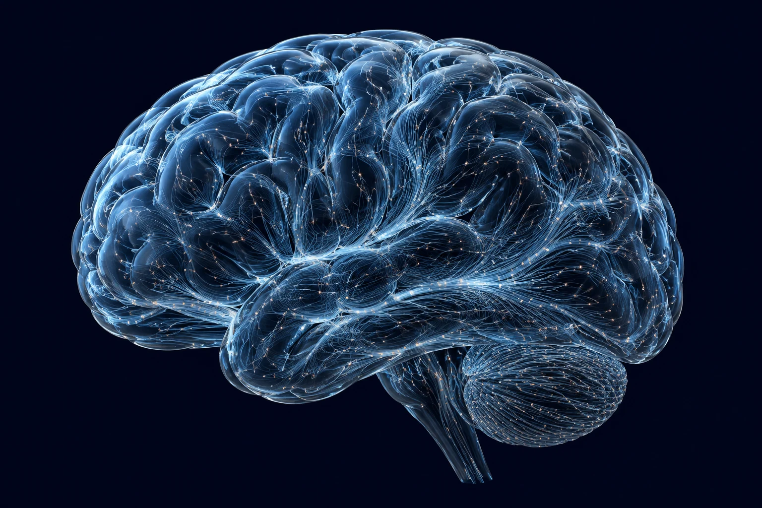 A translucent anatomical brain with luminous connected fibers, sculpted cortical folds, cerebellum, and brainstem.